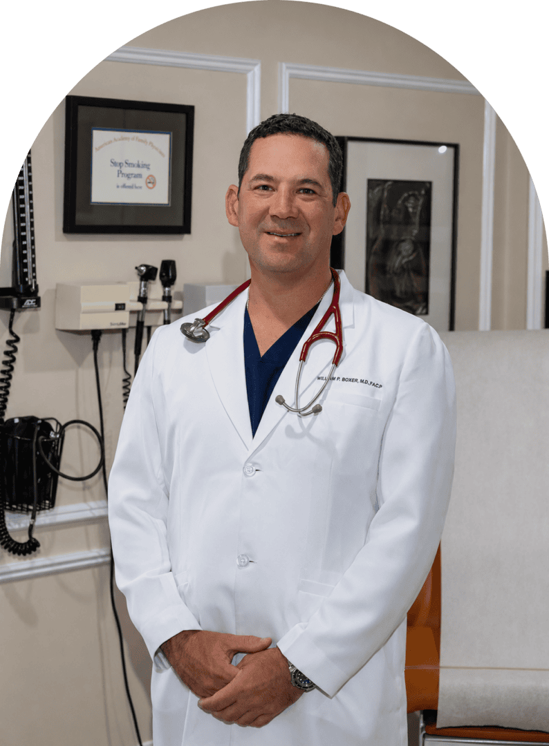 Healthcare professional smiling in examination room